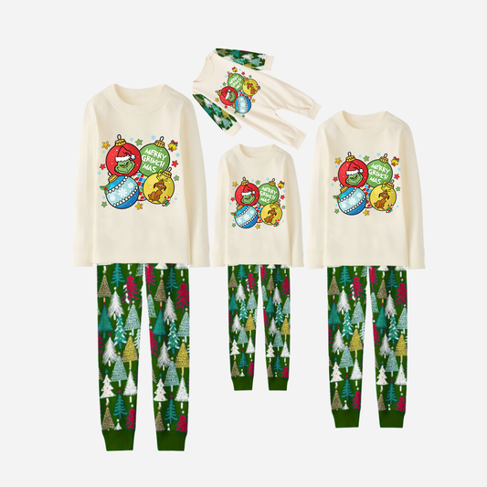 Family Christmas Pajamas Set With Ball Ornaments and Grinch Print