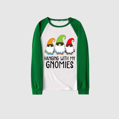 Hanging With My Gnomies Family Pajamas Set - White Top, Green Pants, Green Solid Sleeves, Santa & Cartoon Print