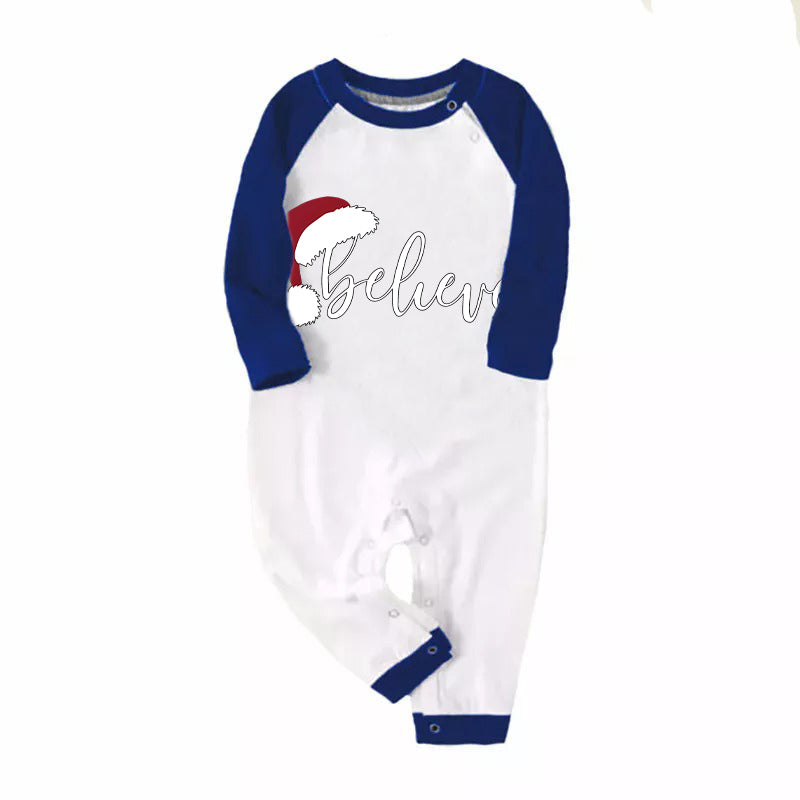 Christmas Hat and 'Believe“ Letter Print Patterned Blue Sleeve Contrast Tops and Blue Plaid Pants Family Matching Pajamas Sets With Dog Bandan