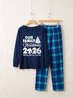 'Our Family Chirstmas 2026 Making Memories Together' Letter Print Blue Long Sleeve Top With Blue Plaid Family Matching Pajamas