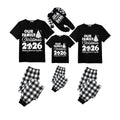 Our Family Christmas 2026 Pajamas Set - Black Top Black and White Plaid Pants White Graphic Text Tree