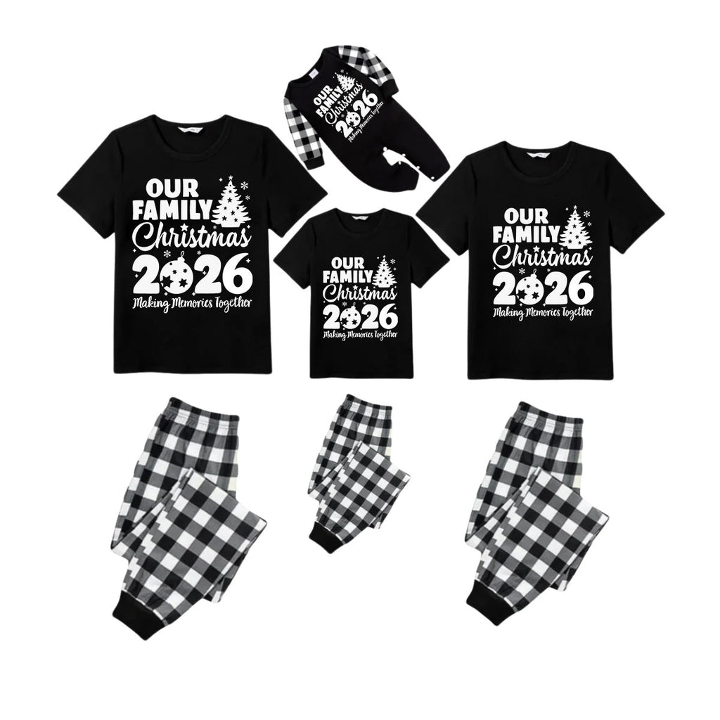 Our Family Christmas 2026 Pajamas Set - Black Top Black and White Plaid Pants White Graphic Text Tree