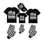 Our Family Christmas 2026 Pajamas Set - Black Top Black and White Plaid Pants White Graphic Text Tree
