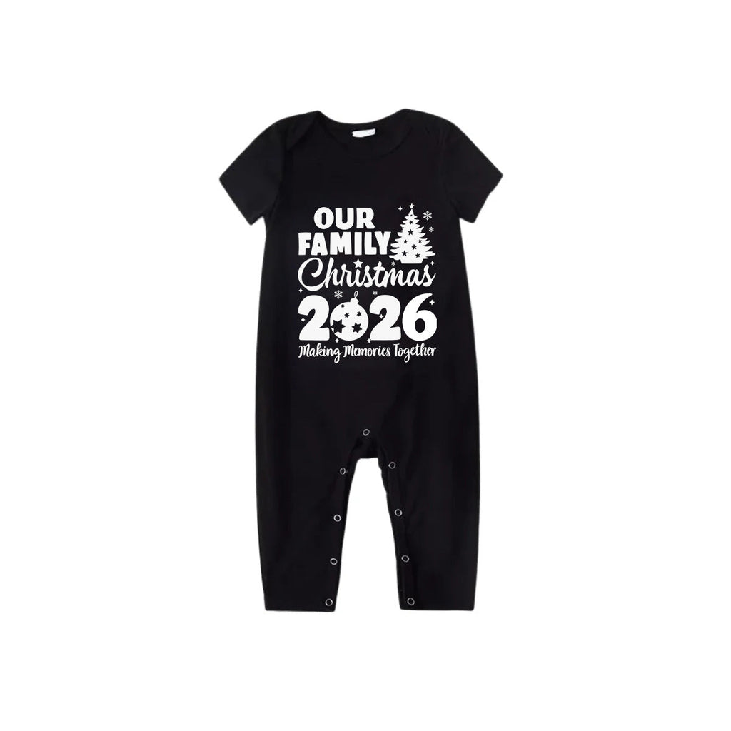 Our Family Christmas 2026 Family Pajamas Set - Black Top Red Pants Red Plaid Sleeves Christmas Tree Print