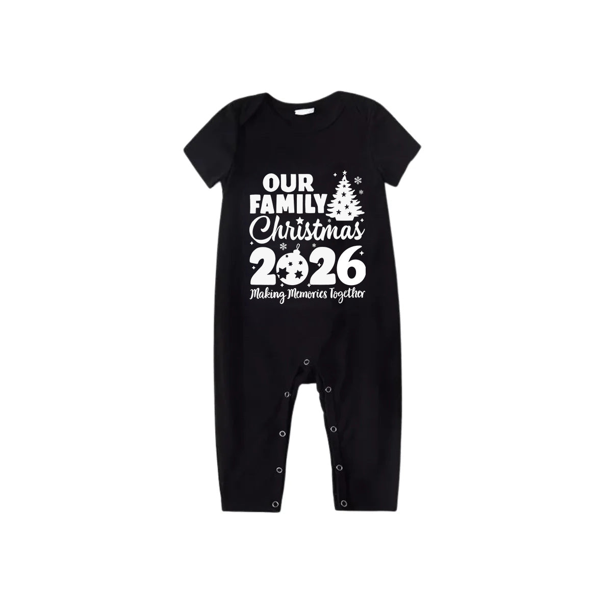 Our Family Christmas 2026 Family Pajamas Set - Black Top Red Pants Red Plaid Sleeves Christmas Tree Print