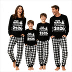 'Our Family Chirstmas 2026 Making Memories Together' Letter Print Black Long Sleeve Top with Black And White Plaid Pants Family Matching Pajamas
