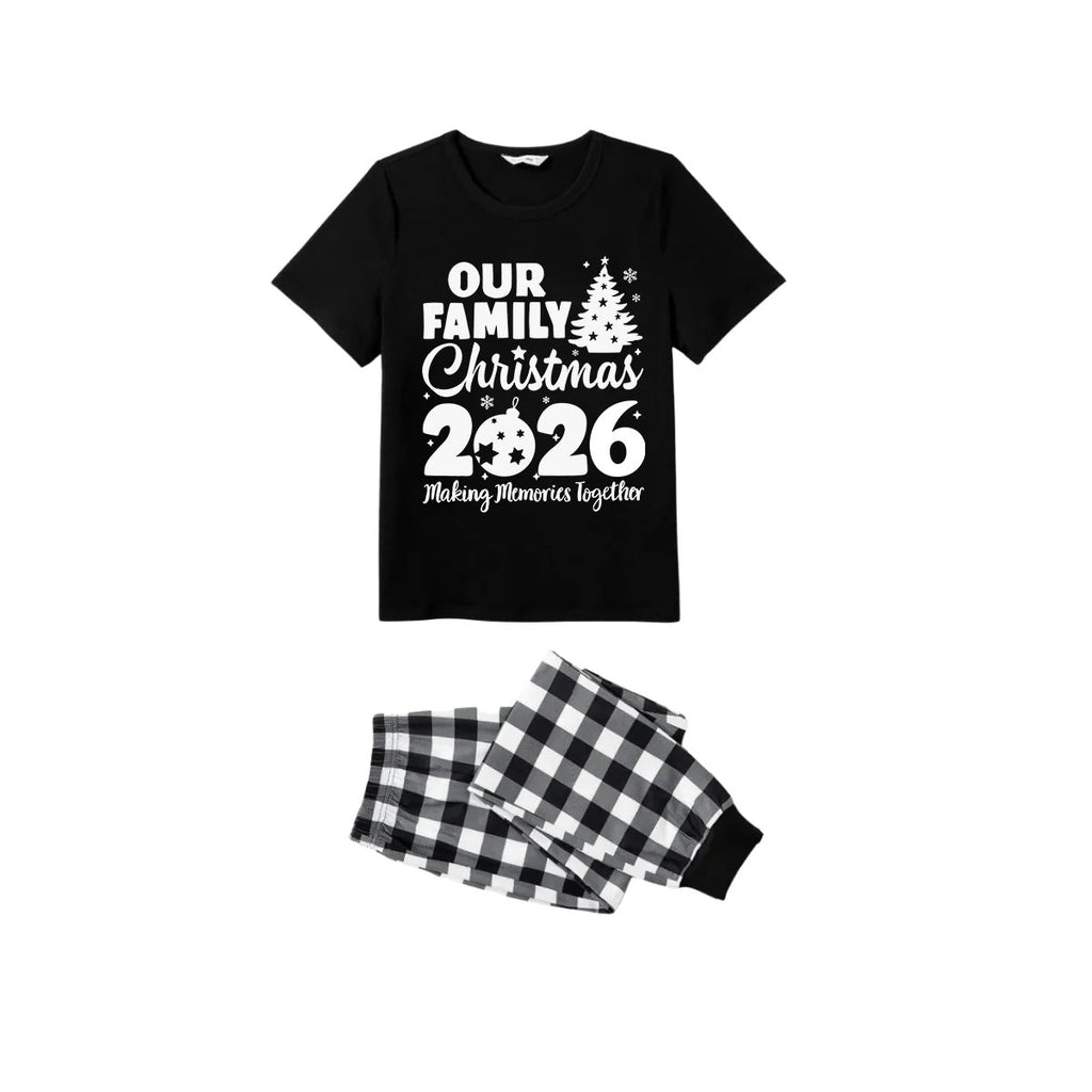 Our Family Christmas 2026 Pajamas Set - Black Top Black and White Plaid Pants White Graphic Text Tree