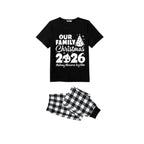 Our Family Christmas 2026 Pajamas Set - Black Top Black and White Plaid Pants White Graphic Text Tree