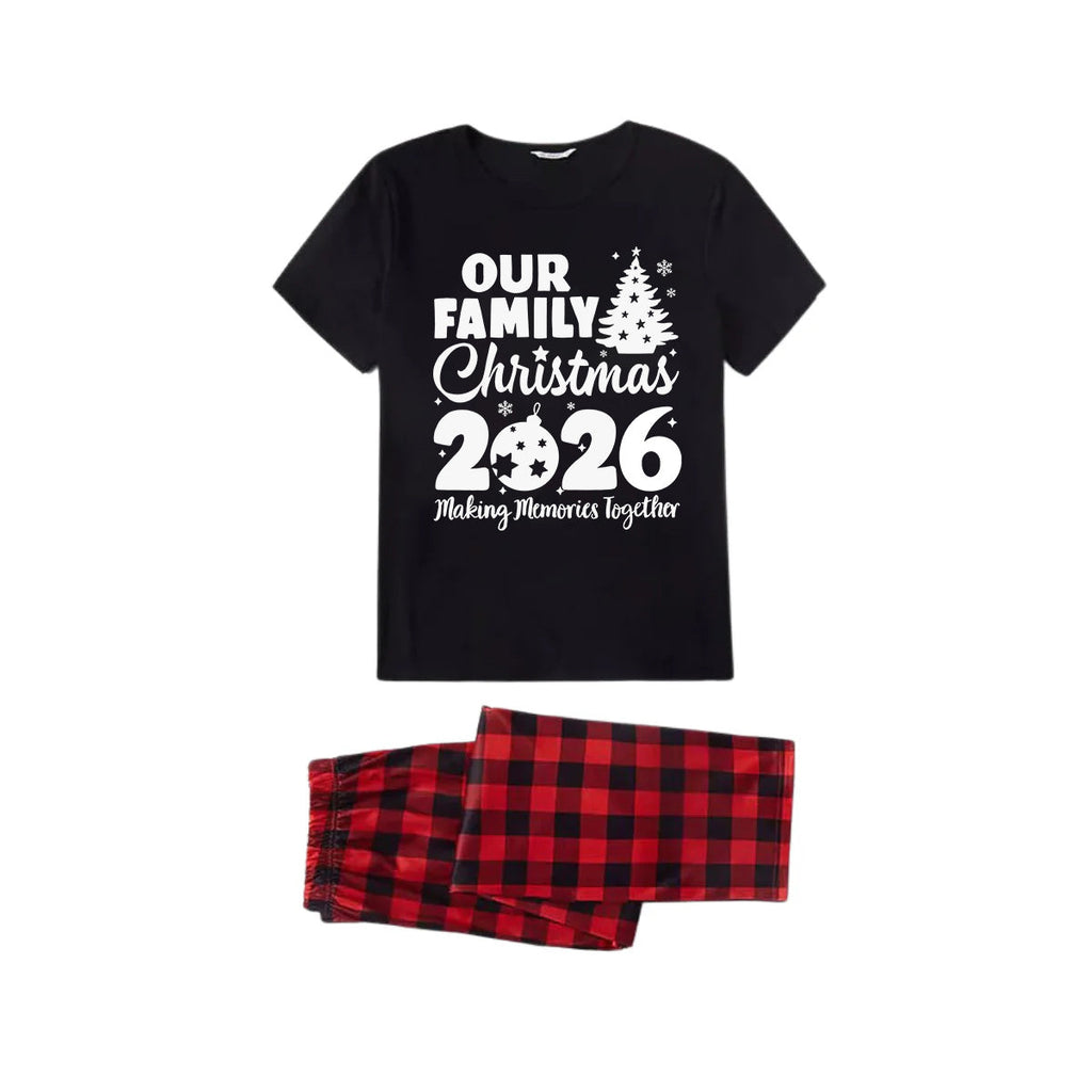 Our Family Christmas 2026 Family Pajamas Set - Black Top Red Pants Red Plaid Sleeves Christmas Tree Print