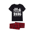 Our Family Christmas 2026 Family Pajamas Set - Black Top Red Pants Red Plaid Sleeves Christmas Tree Print