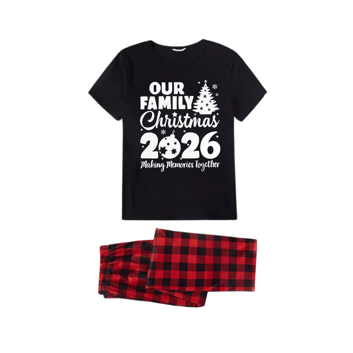 Our Family Christmas 2026 Family Pajamas Set - Black Top Red Pants Red Plaid Sleeves Christmas Tree Print