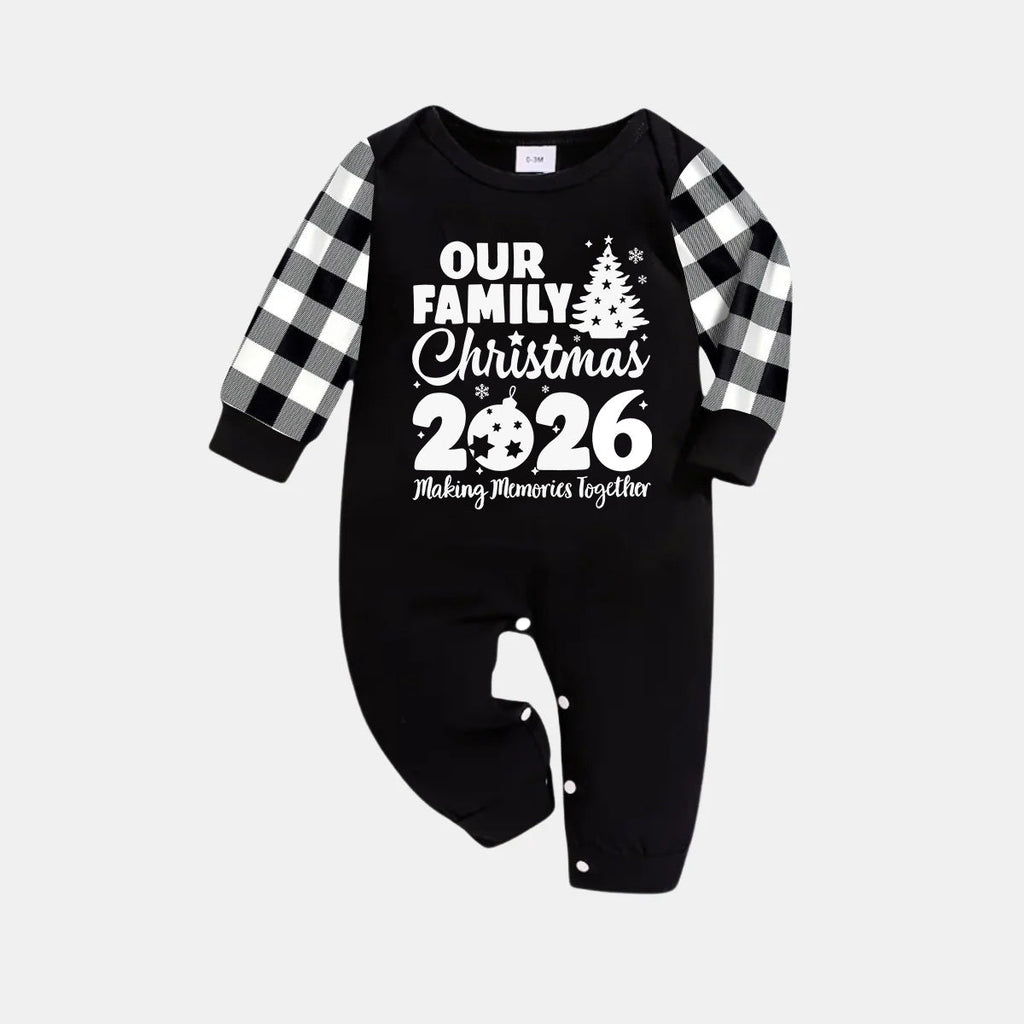'Our Family Chirstmas 2026 Making Memories Together' Letter Print Black Long Sleeve Top with Black And White Plaid Pants Family Matching Pajamas