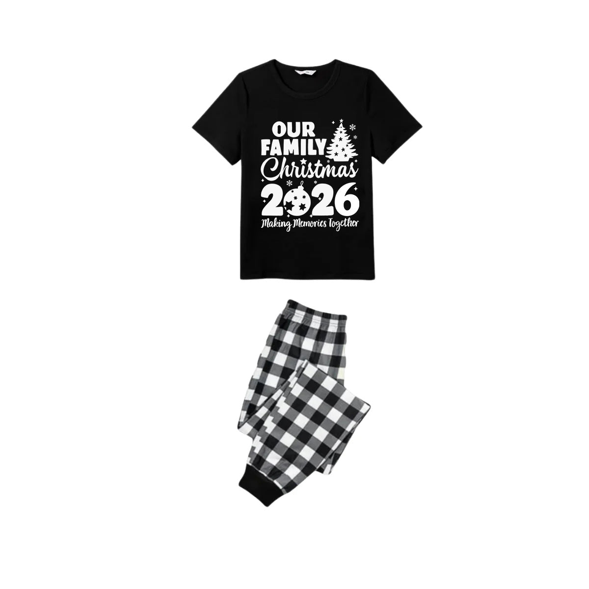 Our Family Christmas 2026 Pajamas Set - Black Top Black and White Plaid Pants White Graphic Text Tree