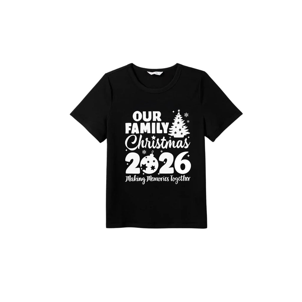 Our Family Christmas 2026 Family Pajamas Set - Black Top Red Pants Red Plaid Sleeves Christmas Tree Print