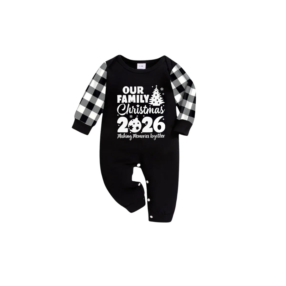 Our Family Christmas 2026 Pajamas Set - Black Top Black and White Plaid Pants White Graphic Text Tree