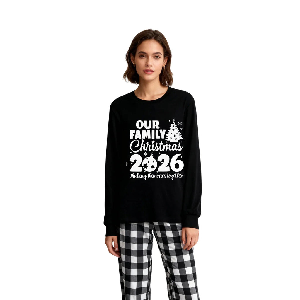 'Our Family Chirstmas 2026 Making Memories Together' Letter Print Black Long Sleeve Top with Black And White Plaid Pants Family Matching Pajamas