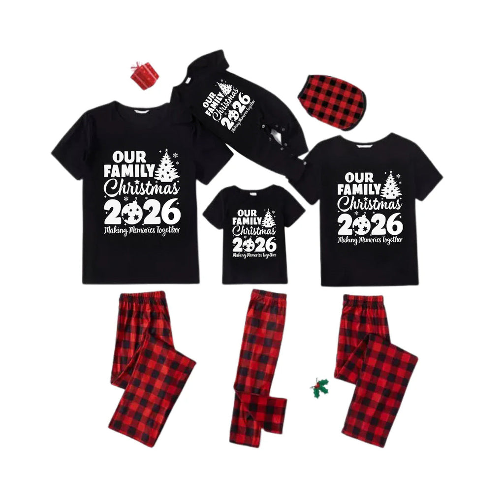 Our Family Christmas 2026 Family Pajamas Set - Black Top Red Pants Red Plaid Sleeves Christmas Tree Print