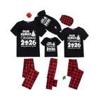 Our Family Christmas 2026 Family Pajamas Set - Black Top Red Pants Red Plaid Sleeves Christmas Tree Print