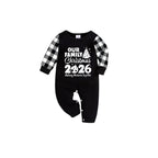 Our Family Christmas 2026 Pajamas Set - Black Top Black and White Plaid Pants White Graphic Text Tree