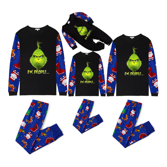 Grinch Ew, People.... Family Christmas Pajamas  Blue Santa Print