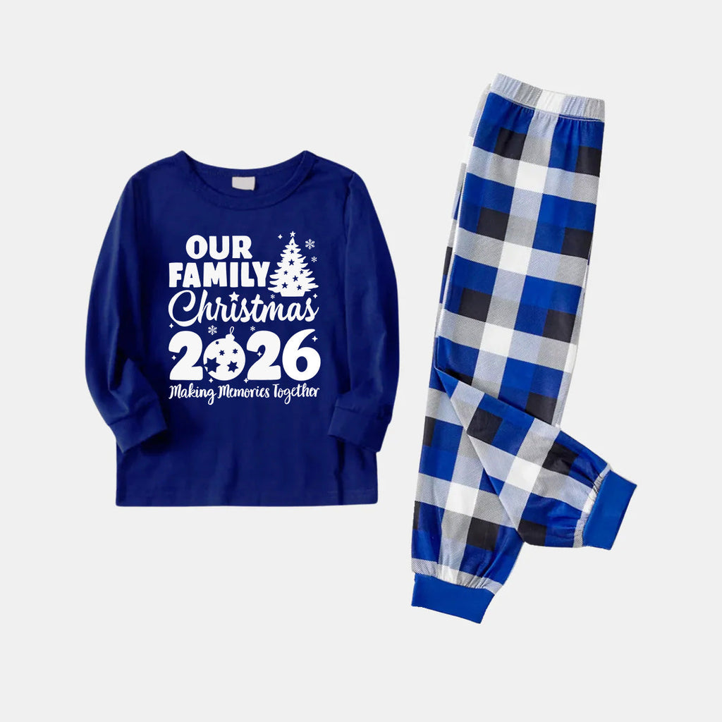'Our Family Chirstmas 2026 Making Memories Together' Letter Print (White) Blue Plaid Family Matching Pajamas