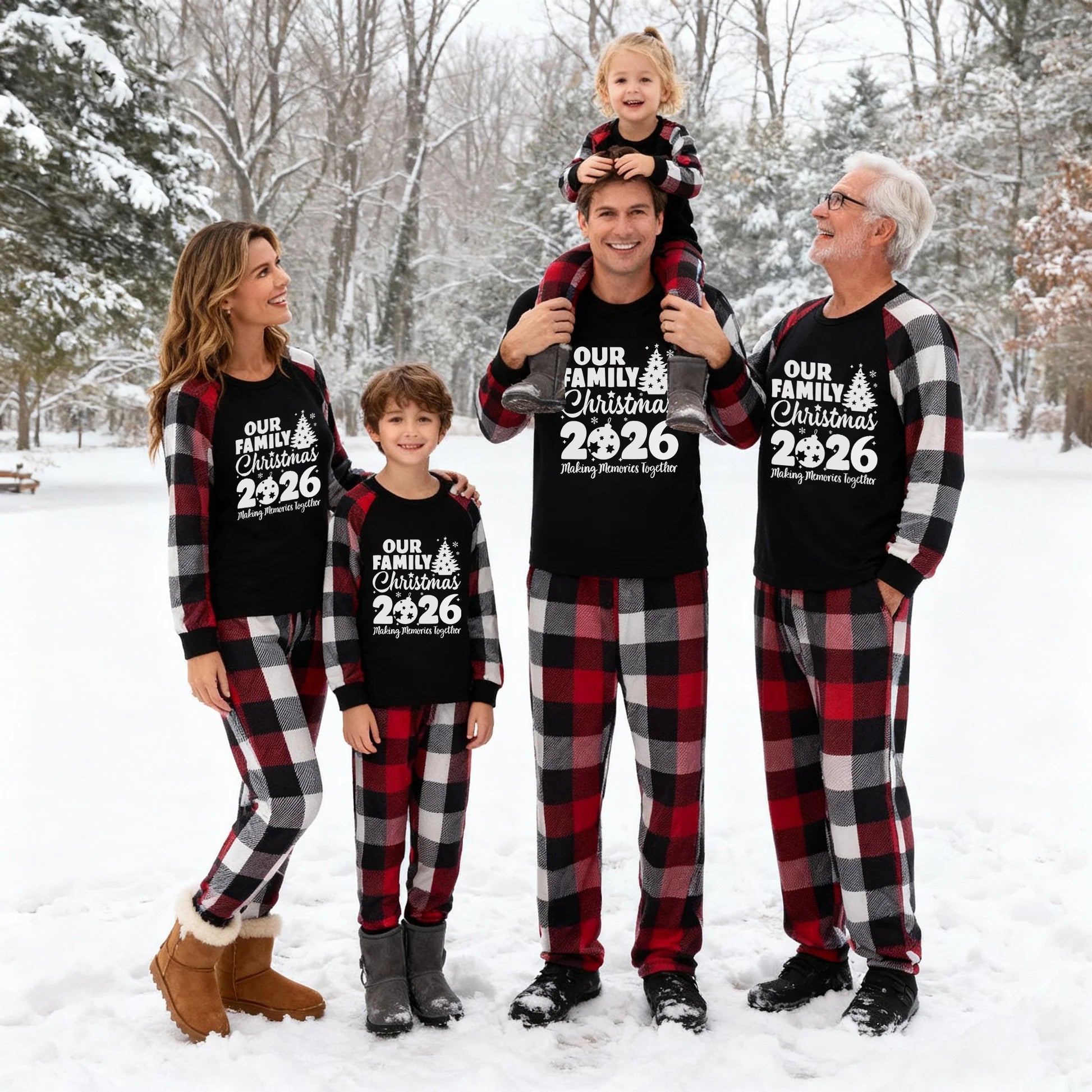 Christmas Tree & "2026 Making Memories Together" Patterned Plaid Sleeve Contrast Tops and Red & Black & White Plaid Pants Family Matching Pajamas Set With Dog Bandana