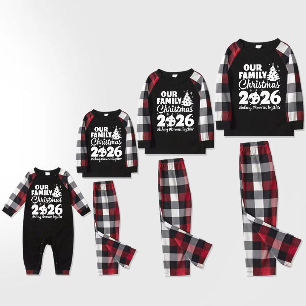 Christmas Cute Cartoon Santa Hat Patterned and '2026 FAMILY Christmas ' Letter Print Contrast Tops and Red & Black & White Plaid Pants Family Matching Pajamas Set With Dog Bandana