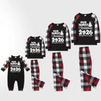 Christmas Cute Cartoon Santa Hat Patterned and '2026 FAMILY Christmas ' Letter Print Contrast Tops and Red & Black & White Plaid Pants Family Matching Pajamas Set With Dog Bandana