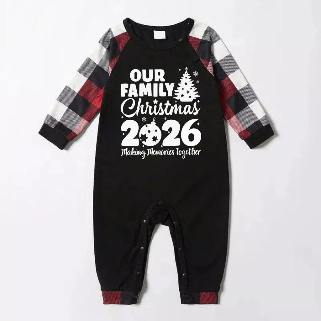 Christmas Tree & "2026 Making Memories Together" Patterned Plaid Sleeve Contrast Tops and Red & Black & White Plaid Pants Family Matching Pajamas Set With Dog Bandana