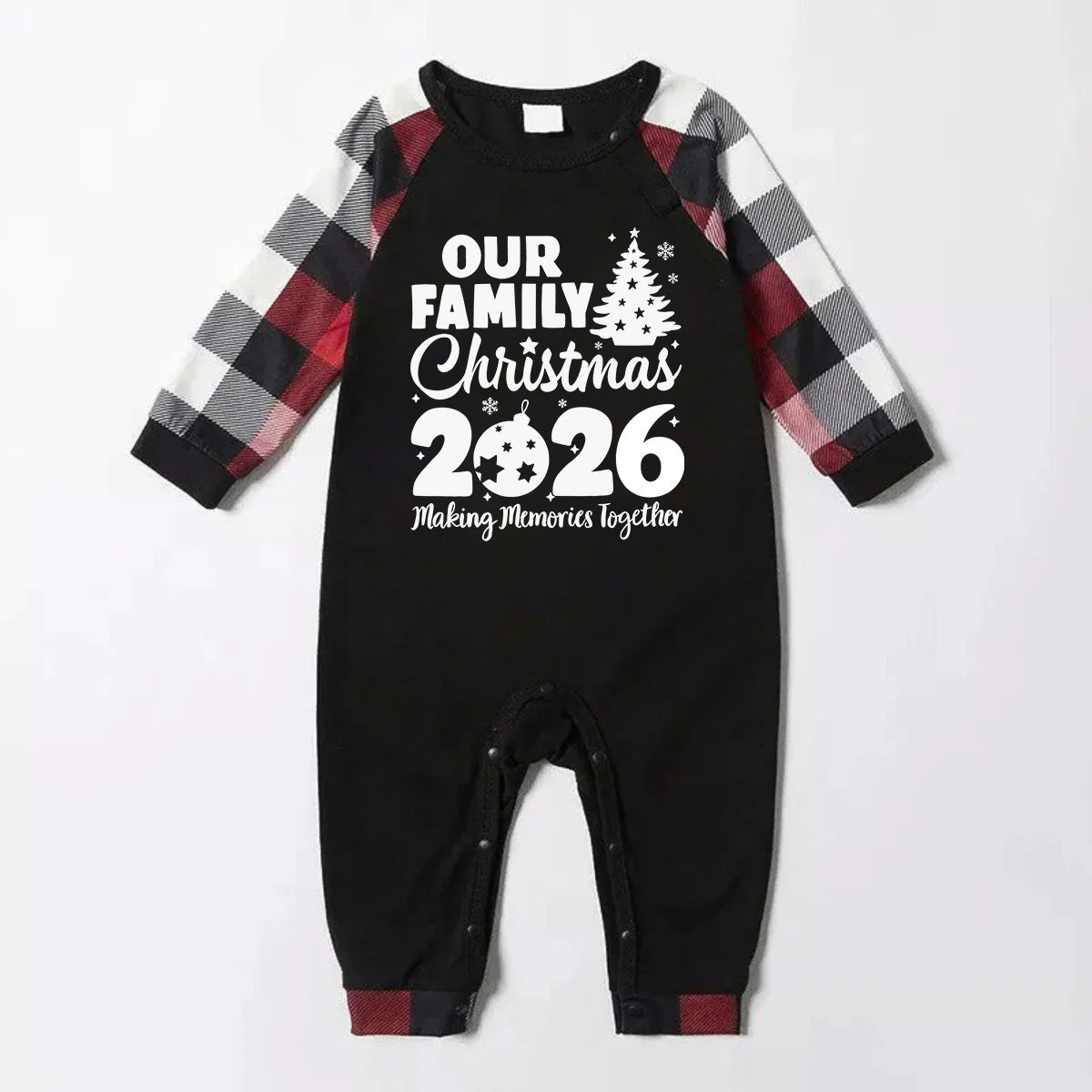 Christmas Tree & "2026 Making Memories Together" Patterned Plaid Sleeve Contrast Tops and Red & Black & White Plaid Pants Family Matching Pajamas Set With Dog Bandana