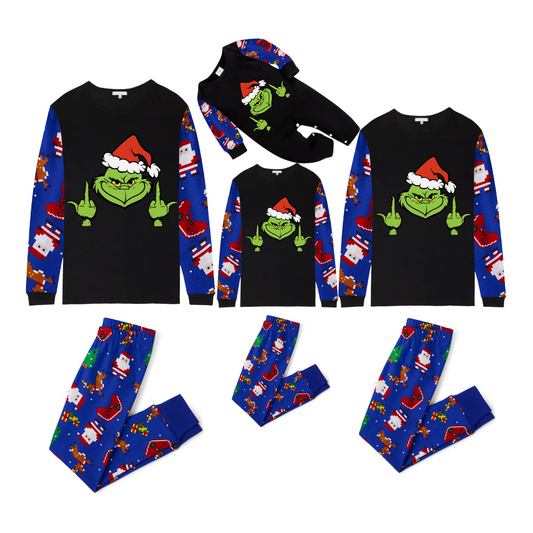 Grinch Santa Family Christmas Pajamas Black Top with Blue Santa Print Pants