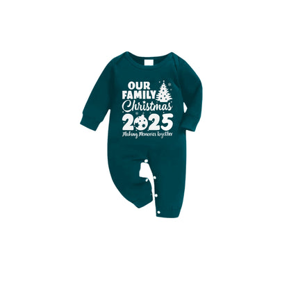 Christmas Family Matching Pajamas-Dark Green&Deer Patterned Pjs Set with "Our Family Christmas 2025" Print