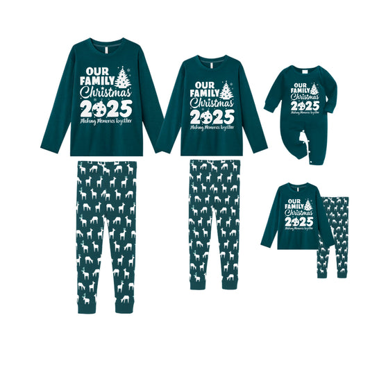 Christmas Family Matching Pajamas-Dark Green&Deer Patterned Pjs Set with "Our Family Christmas 2025" Print