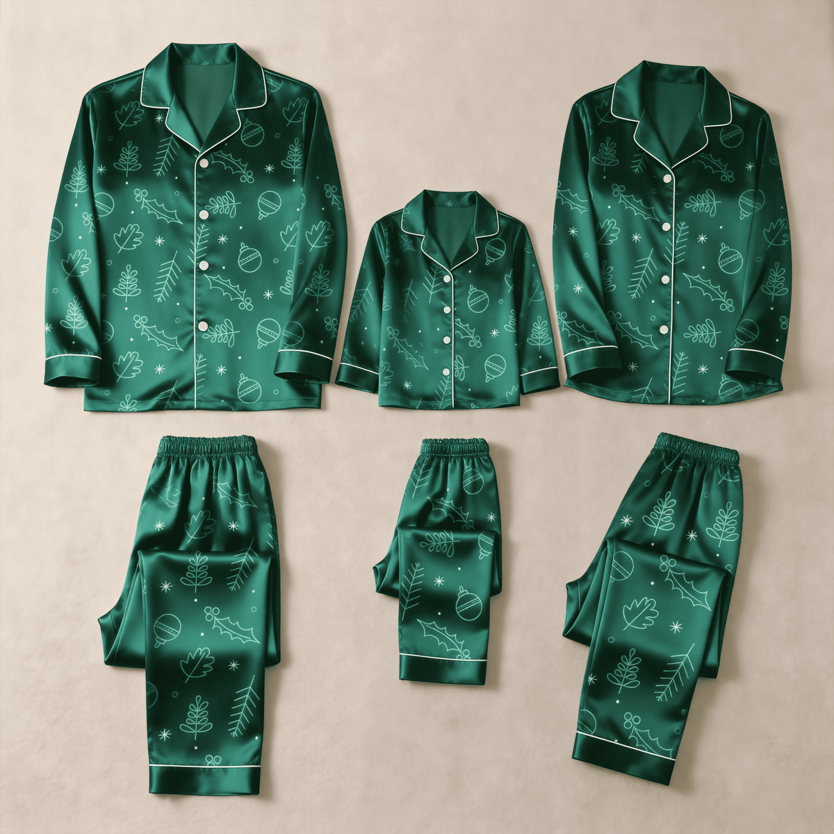 Emerald Green Festive Line-Art Print Satin Button-Up Family Christmas Pajamas Set