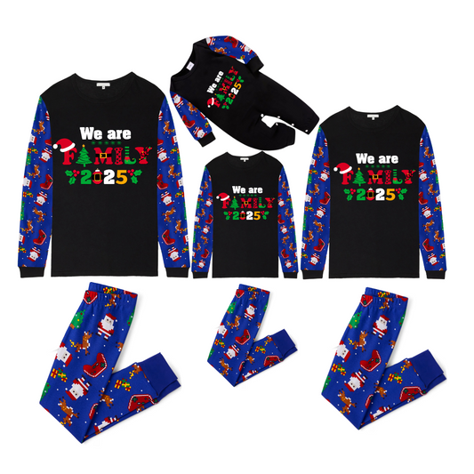 We Are Family Christmas 2025 Family Pajamas Set - Black Top, Blue Pants, Blue Christmas Cartoon Sleeves