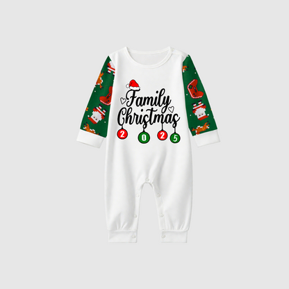 Christmas Family Matching Family Pajamas Set - White Top, Green Pants, Santa Print