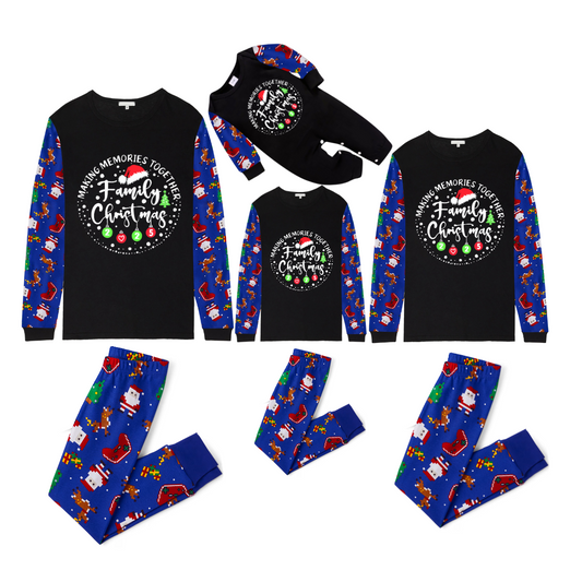 Making Memories Together Family Christmas 2025 Family Pajamas Set - Black Top, Blue Pants, Blue Christmas Cartoon Sleeves