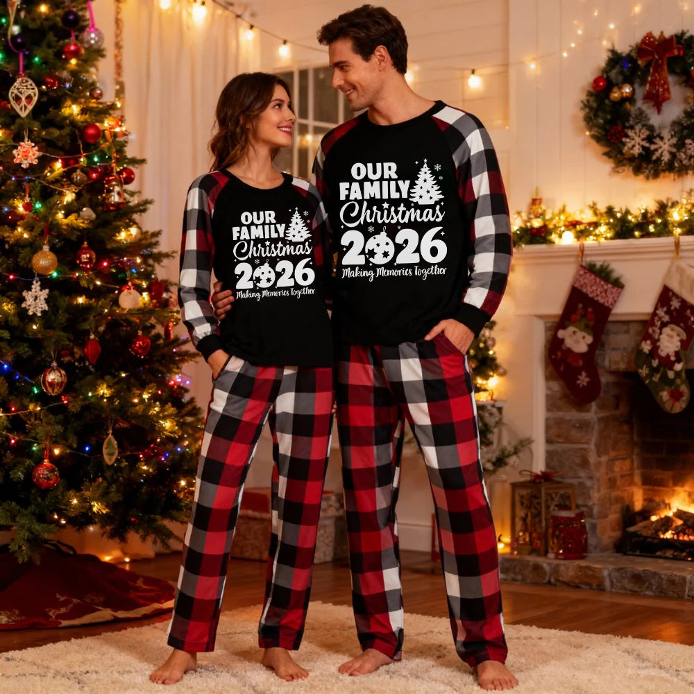 Christmas Tree & "2026 Making Memories Together" Patterned Plaid Sleeve Contrast Tops and Red & Black & White Plaid Pants Couple Matching Pajamas Set With Dog Bandana
