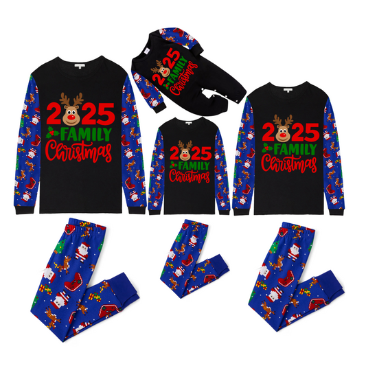 2025 Reindeer Family Christmas Family Pajamas Set - Black Top / Blue Santa Print Pants / Blue Santa Print Sleeves