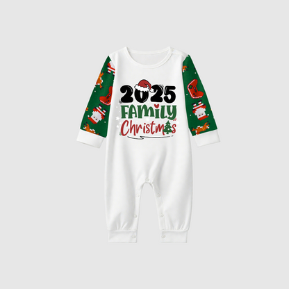 Merry Christmas 2025 Family Pajamas Set - White Top, Green Pants, Solid Green Sleeves, Santa Hat & Christmas Tree Print