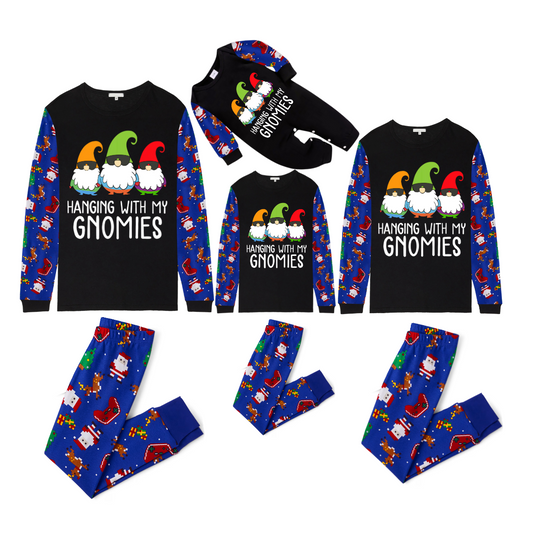 Hanging With My Gnomies Christmas 2025 Family Pajamas Set - Black Top, Blue Pants, Blue Christmas Cartoon Sleeves