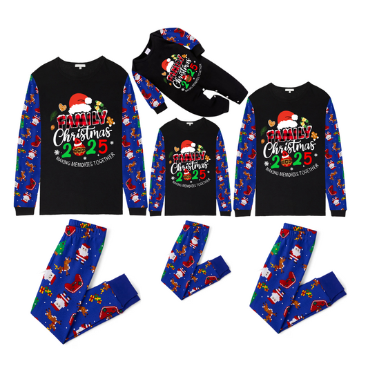 Merry Christmas 2025 Making Memories Family Pajamas Set - Black Top, Blue Pants, Christmas Cartoon Sleeves, Santa & Gingerbread Print