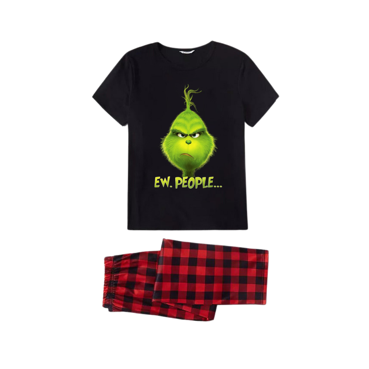 Ew People Family Pajamas Set - Black Top Red Pants Red Plaid Sleeves Grinch Face Print