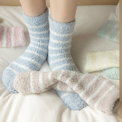 Cozy Winter Striped Women's Socks Thick, Non-Shedding Coral Fleece For Warmth, Leisure, And Sleep