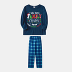 "We are Family" 2025 Christmas Wreath - Blue Long Sleeve Top With Blue Plaid Family Matching Pajamas