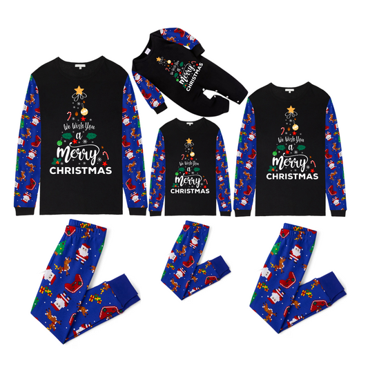 We Wish You a Merry Christmas Family Pajamas Set - Black Top / Blue Santa Print Pants / Blue Santa Print Sleeves