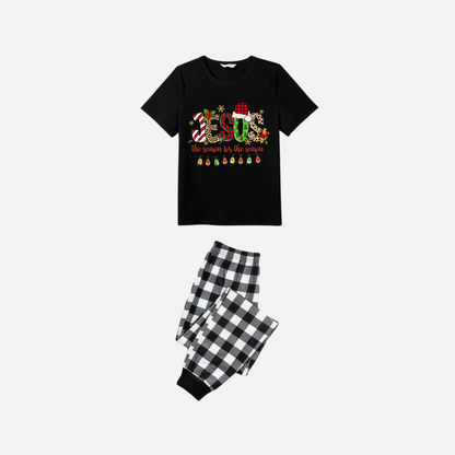 Jesus the Reason for the Season Family Christmas Pajamas Set - Black Top with Black and White Plaid Pants