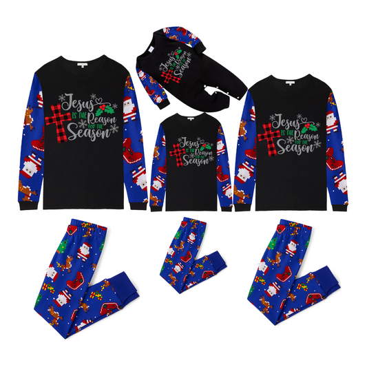 Matching Family Christmas Pajamas  Jesus Is the Reason, Blue Santa Print