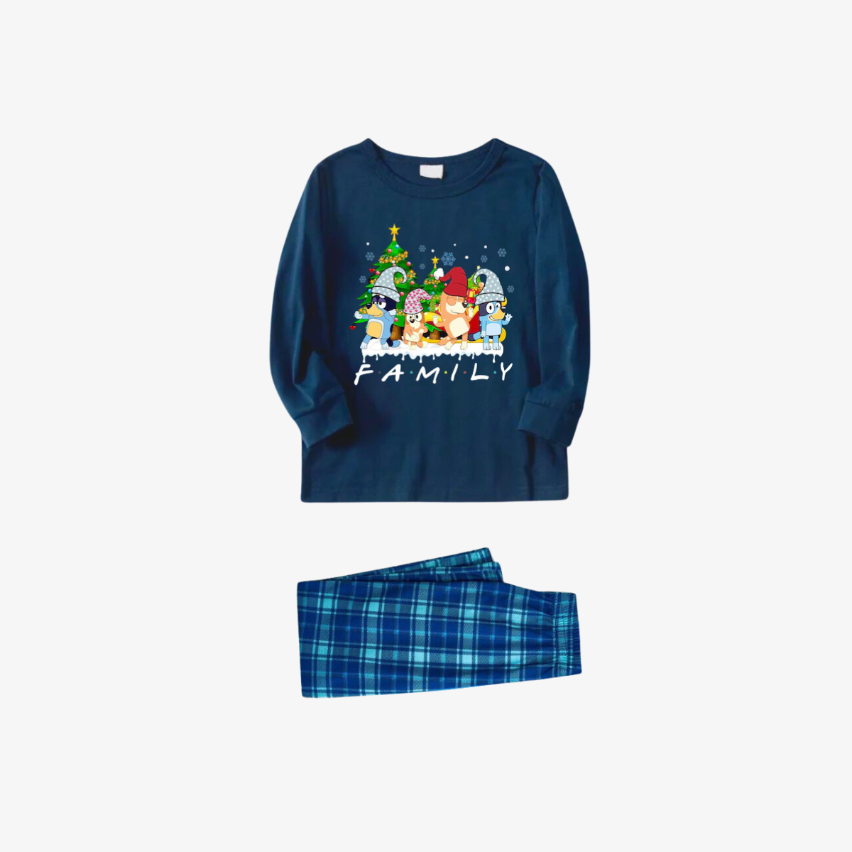 Bluey Character "Family" Design Sky Blue Plaid Pants Family Matching Pajama Set