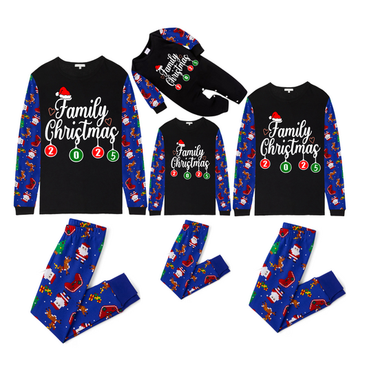 Family Christmas 2025 Pajamas Set - Black Top / Blue Santa & Reindeer Print Sleeves & Pants